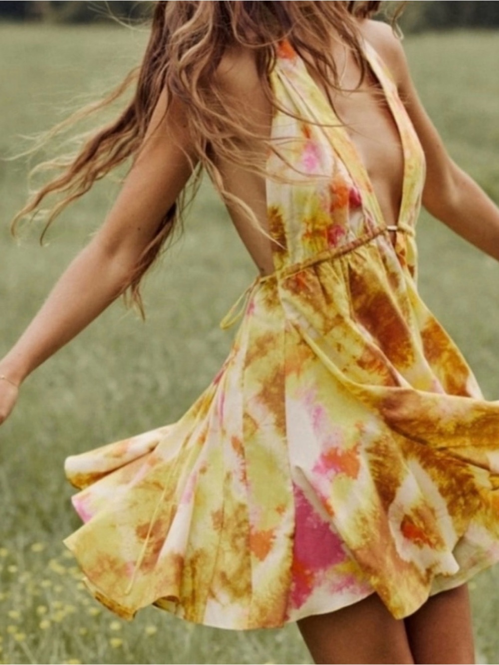 Zara Yellow Tie-Dye Halter Mini Dress with Pink Accents